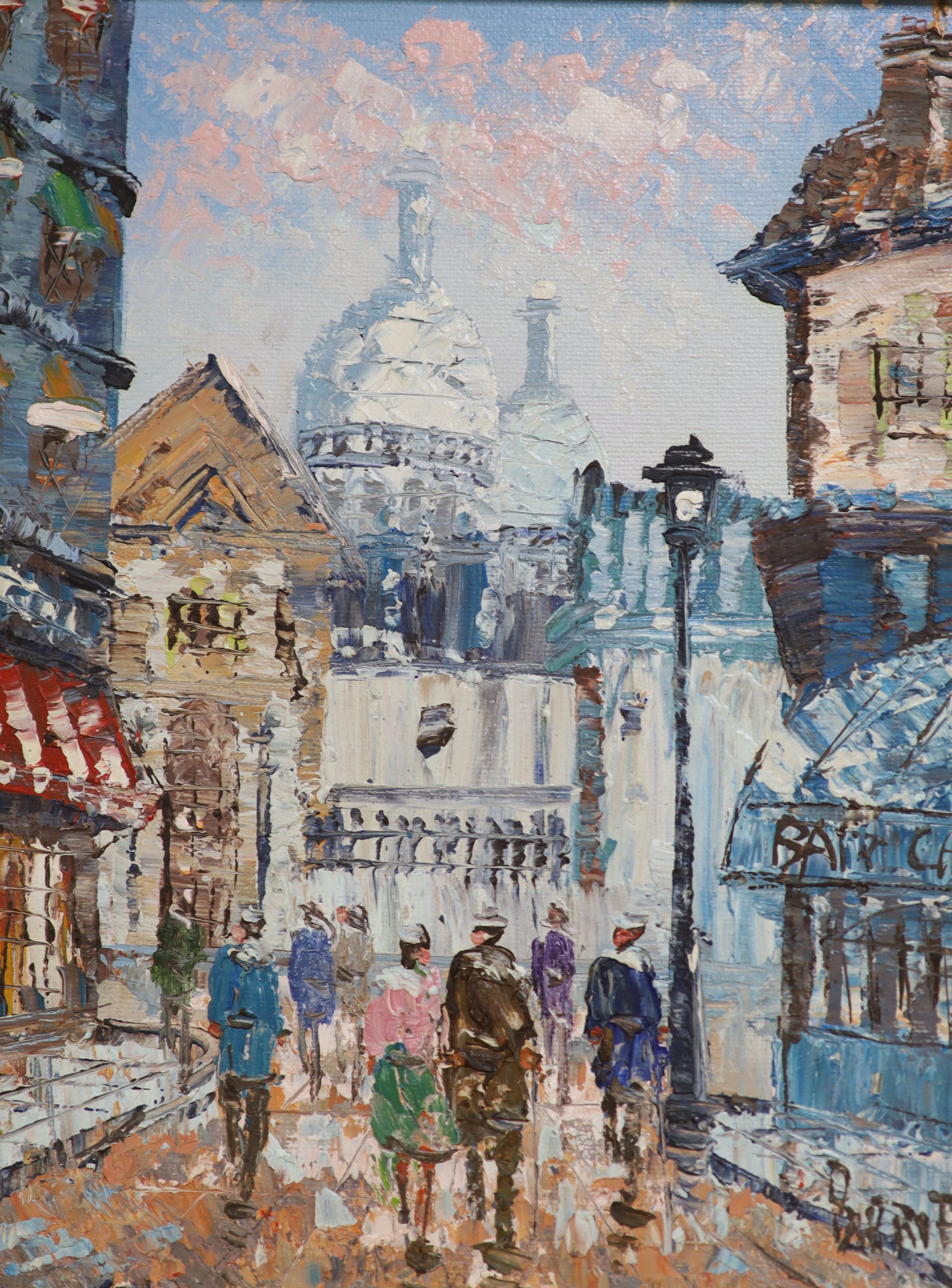 Burnett (Paris School), pair of oils on board, Street scenes, signed, 24 x 19cm and another similar street scene